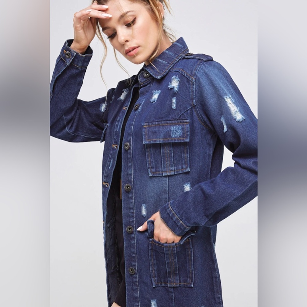 Distressed Denim Long Jacket - Picture 4 of 5
